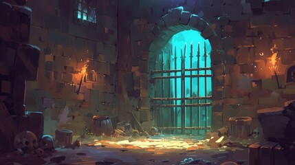 Obraz premium Illustration of a medieval dungeon within a castle complete with torch lit stone walls and an old door showcasing an empty jail cell with iron bars and spiderwebs in a cartoon 2d style set a