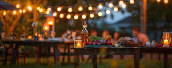 Outdoor dinner party with string lights, rustic table setup, fresh food, and warm ambiance. Evening gathering in a backyard garden setting.