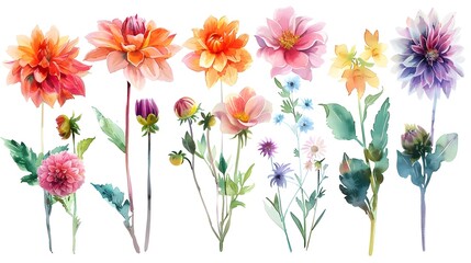 Watercolor Painted Vibrant Summer Flowers in Bloom on White Background