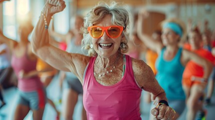 A group of older adults engaged in a lively Zumba class in a bright and airy fitness studio