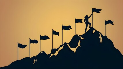 Hurdles in life, climbing mountain with flags