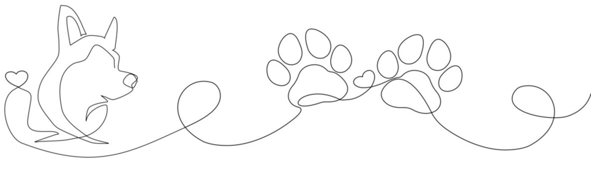 One continuous line drawing of dog and dog footprint with heart. Line breaking love for animals in simple linear style. Vector Graphic Illustration for Canva, presentation, decoration	