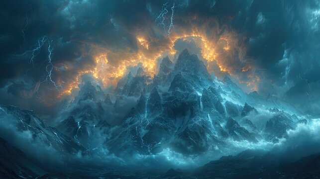 A thunderstorm over a mountain range, with lightning illuminating the peaks and valleys, and dramatic clouds rolling in, creating a sense of awe and power