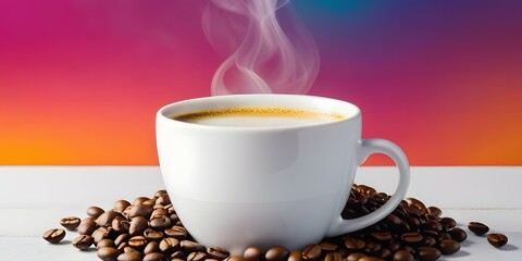 A coffee mug with coffee beans decorated by side. bright color background 16x9