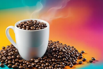Naklejka premium A coffee mug with coffee beans decorated by side. bright color background 3x2