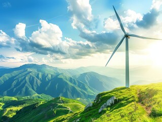 The wind turbine stands on the mountaintop, surrounded by green grass and blue sky and white clouds as the background, generated with AI