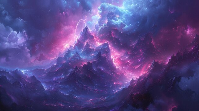 A thunderstorm over a mountain range, with lightning illuminating the peaks and valleys, and dramatic clouds rolling in, creating a sense of awe and power