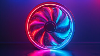 A neon colored computer fan is shown in a colorful, futuristic setting