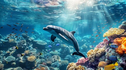 Fototapeta premium Animals of the underwater sea world. Ecosystem. Colorful tropical fish. Life in the coral reef