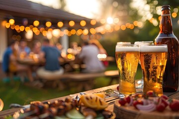 Outdoor backyard gathering with beer and food on a warm evening, with string lights and friends enjoying the atmosphere.