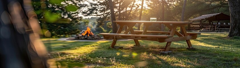 Naklejka premium Serene forest campsite with a wooden picnic table and campfire, bathed in the warm glow of the setting sun, creating a tranquil outdoor escape.