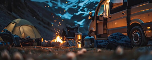 Cozy camping scene with campfire, tent, and van in a mountainous landscape during twilight, perfect for adventure and outdoor lifestyle themes.