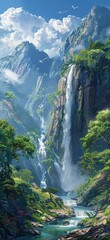 Majestic powerful waterfall wallpaper a landscape mountains trees and a river under a blue sky