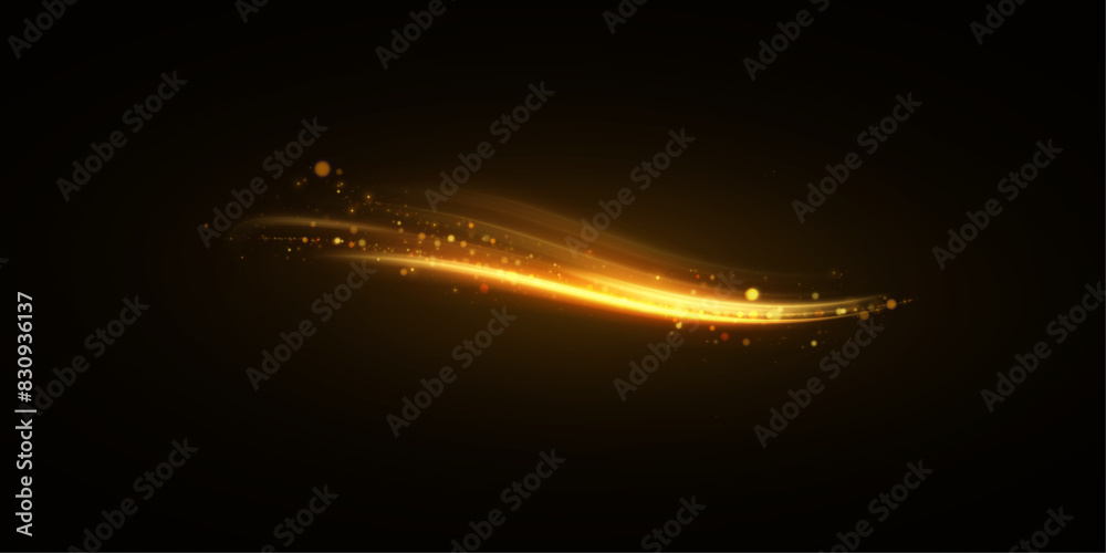 Fototapete Light effect of golden shiny lines with magic dust particles on a black background. Light elemen for design and illustrations Vector eps10.