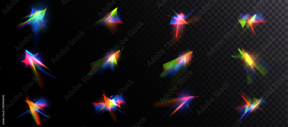 Fototapete Set of prism distortion effects. Abstract diamond caustics, lens light effects and a colorful set of crystal lens flare vector overlays. Glowing bright rays and colorful light effects. Vector 10 EPS