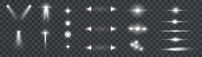 Set of light effects. Glowing isolated set of bright transparent light effects, glare, explosion, glitter, portal, line, sun flare, spark and stars, curve. Sunlight, abstract special effect. Vector