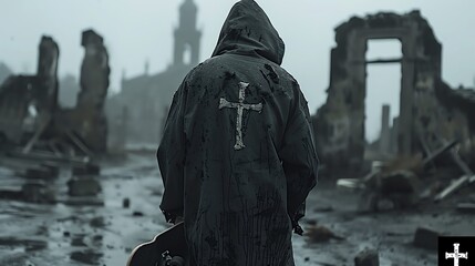 A lone figure in a hooded cloak walks through the ruins of a destroyed city, carrying a guitar.
