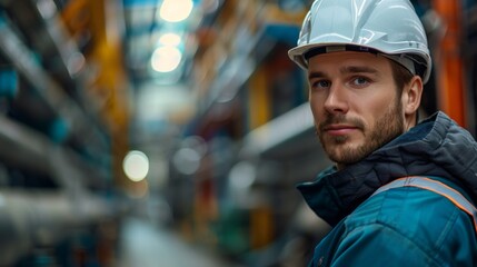A male worker stands in a workshop against an industrial background.