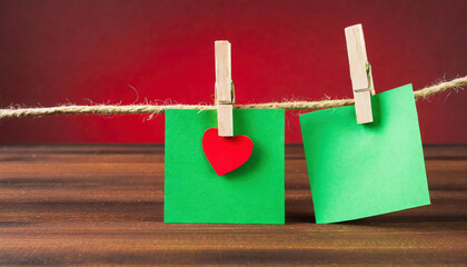 Wooden clothespins holding  green notes with heart-shaped paper on it against a red background.