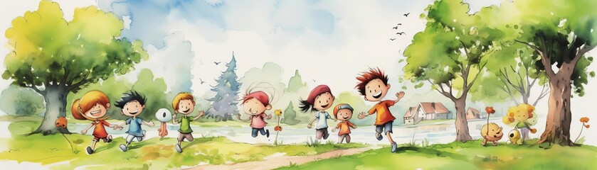 Cartoon characters jogging in a park, Whimsical, Bright colors, Watercolor, Lively outdoor exercise scenewhite background,