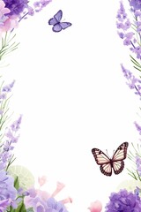 Elegant floral border with butterflies and lavender flowers on white background, perfect for invitations, cards, and decorative designs.