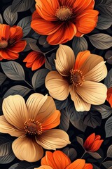 Black Background With Orange Flowers and Leaves
