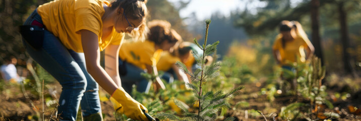 a group of volunteers planting trees in a deforested area