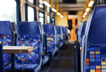 interior of a modern train or bus with rows of blue seats, and a central aisle, all unoccupied,...