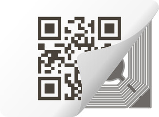 Radio identification tag covered with a layer of film with a QR code applied for control and logistics of goods, anti-theft alarm. Built-in chip and antenna on a flexible sticker.