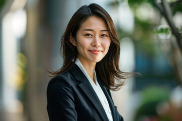 a Japanese businesswoman standing tall, radiating pride and happiness in her position.