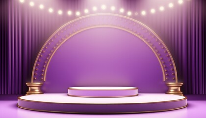Elegant stage with bright lights and purple backdrop, perfect for showcasing performances, events, or presentations.