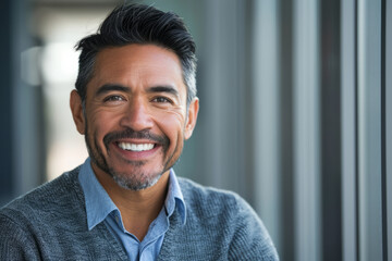a Latino businessman posing for a portrait with a confident and happy expression, embodying the firm's vision of excellence and success.