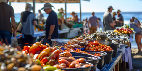 a lively farmers' market by the sea with vendors selling fresh seafood and local produce