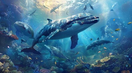 Fototapeta premium Animals of the underwater sea world. Ecosystem. Colorful tropical fish. Life in the coral reef