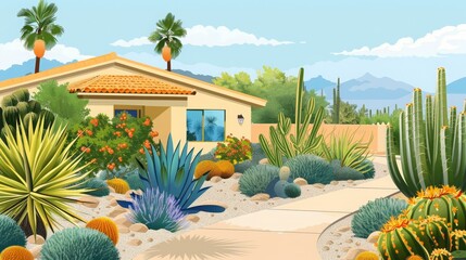 A beautiful desert landscape featuring a modern house, various cacti, and palm trees under a clear blue sky with distant mountains.