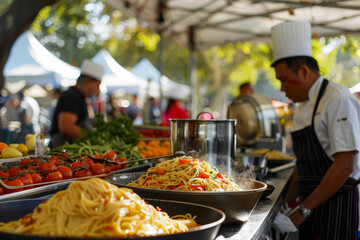 a multicultural culinary festival with food stalls and cooking demos