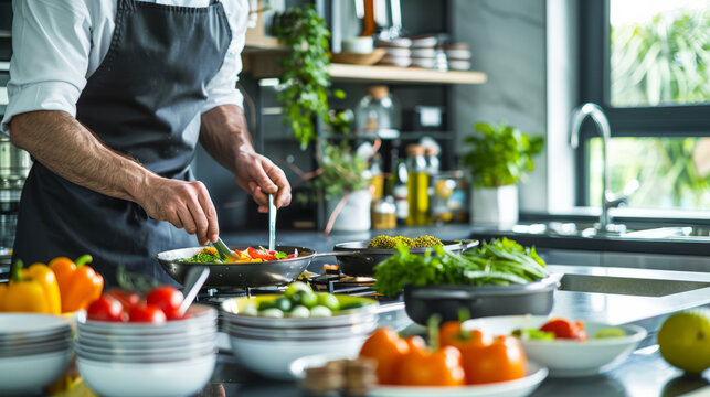 a modern kitchen with a chef preparing a gourmet meal using fresh ingredients
