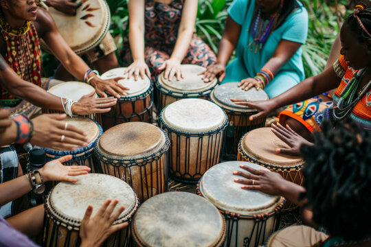 a multicultural drumming circle with participants playing various drums