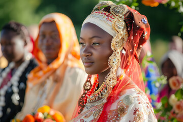a multicultural wedding ceremony with traditional attire and decorations