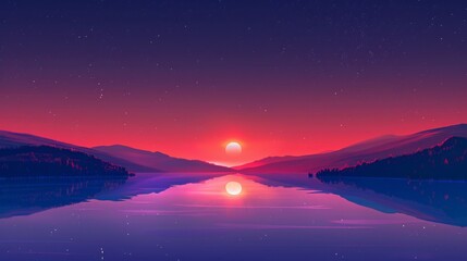 Fototapeta premium A breathtaking digital illustration of a serene sunset over a calm lake, surrounded by hills with a mesmerizing gradient sky.