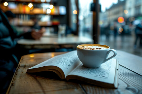 a person enjoying a cup of coffee while reading a book in a stylish caf̩, with soft lighting and a relaxed atmosphere, promoting leisure and literacy.