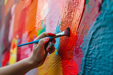 Fototapeta premium a person painting a mural on a city wall, with vibrant colors, brushes, and focused expressions, promoting street art and urban culture.