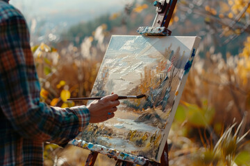 a person painting a landscape on an easel outdoors, surrounded by nature, promoting creativity and connection with the environment.