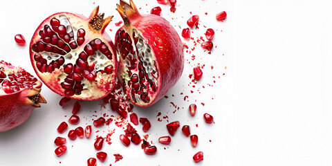 Pomegranate leaves and seeds on white top view
