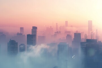 A serene cityscape at dawn with high-rise buildings emerging through a dense layer of fog, bathed in soft pink and blue light.
