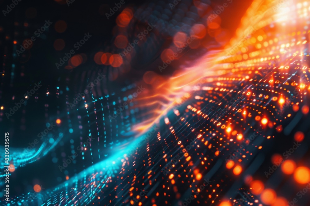 Poster a striking visualization of digital particles in an undulating wave pattern, representing data flow