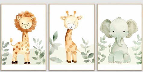 Trio of adorable cartoon animals depicted in a soothing watercolor style for nursery room