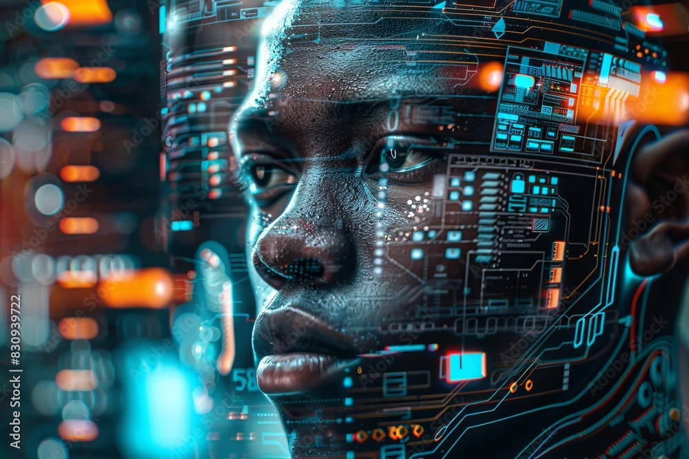 Poster close-up of a tech interface with illuminated circuits, depicting advanced technology and electronic