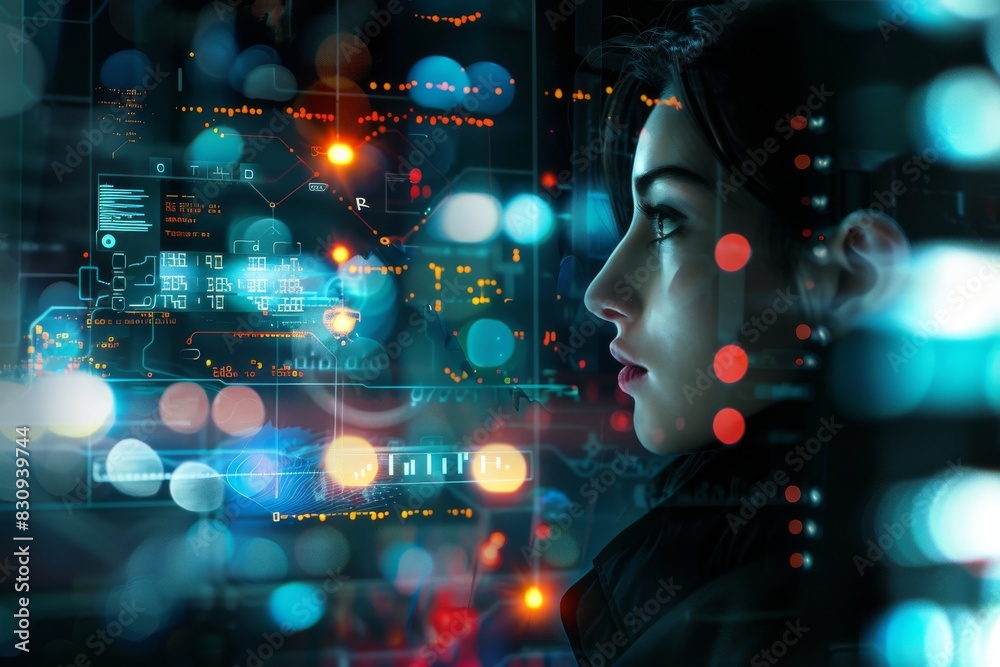 Poster a mysterious figure is juxtaposed with a high-tech digital backdrop filled with complex patterns