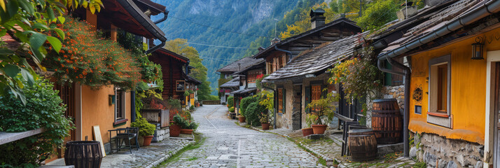 Fototapeta premium a scenic mountain village with charming cottages and cobblestone streets